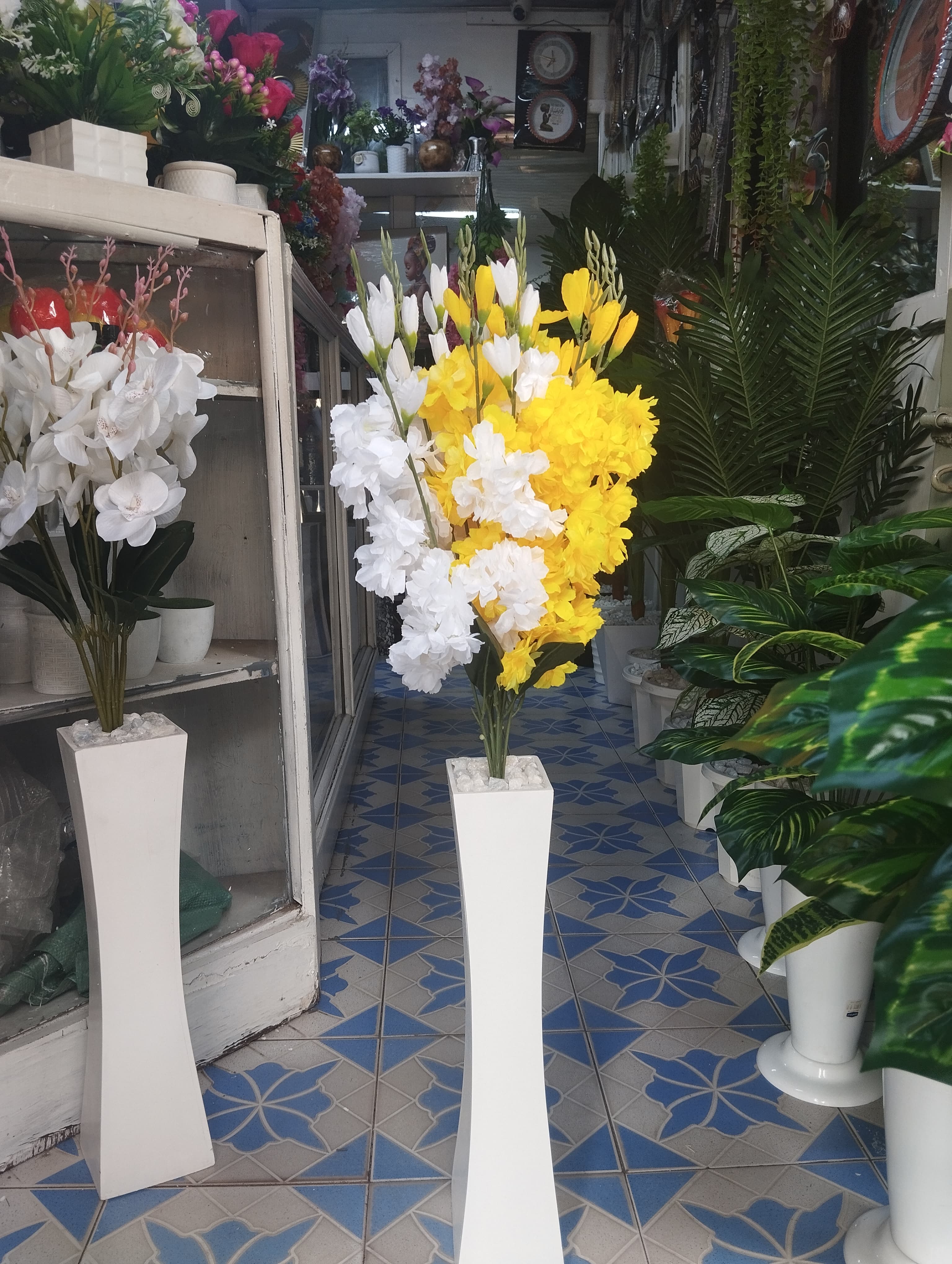 Handmade Wooden Vase / Planter with  Artificial Green Plant  with Yellow Flowers For Home Decor (COMES ASSEMBLED AS SHOWN ON THE PICTURE)