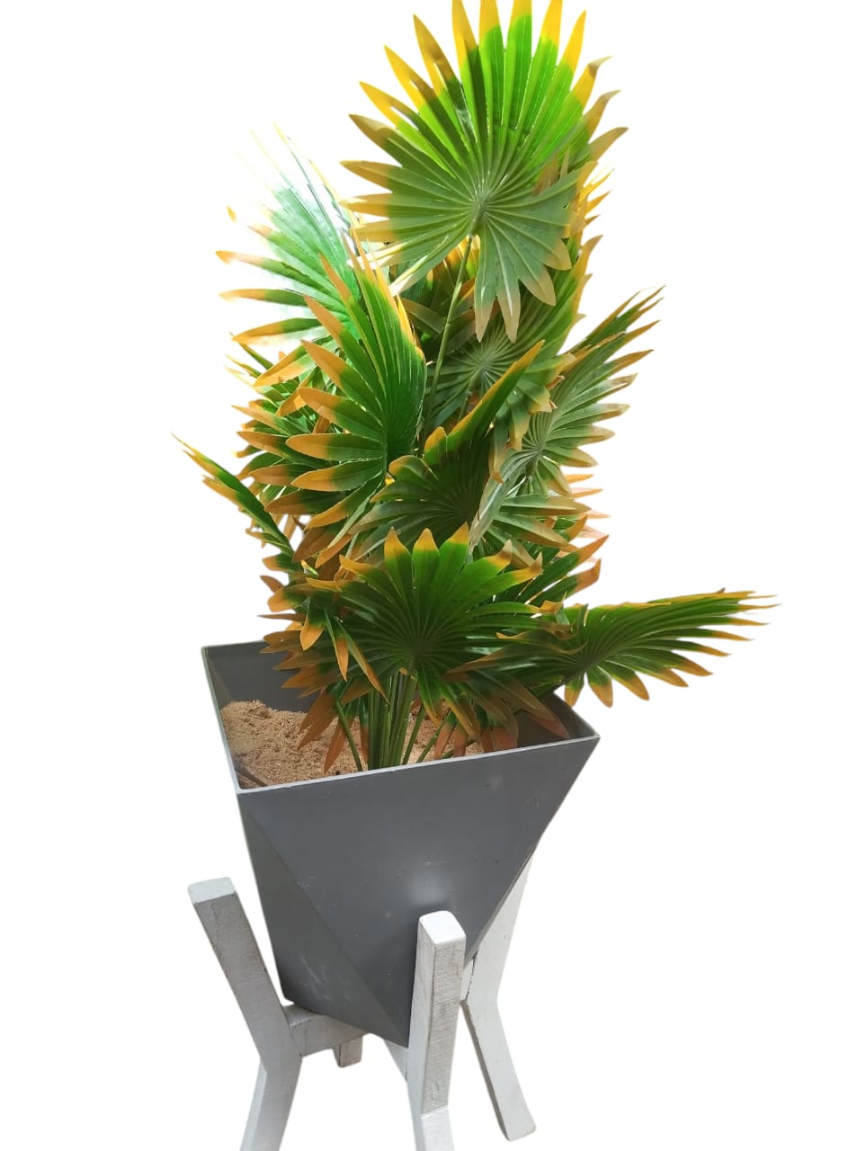 Artificial Green  Plant With Gray vase /Planter For Home Decor (Comes with 1kg white Pebbles and NO SAWDUST, WHITE STAND NOT INCLUDED)