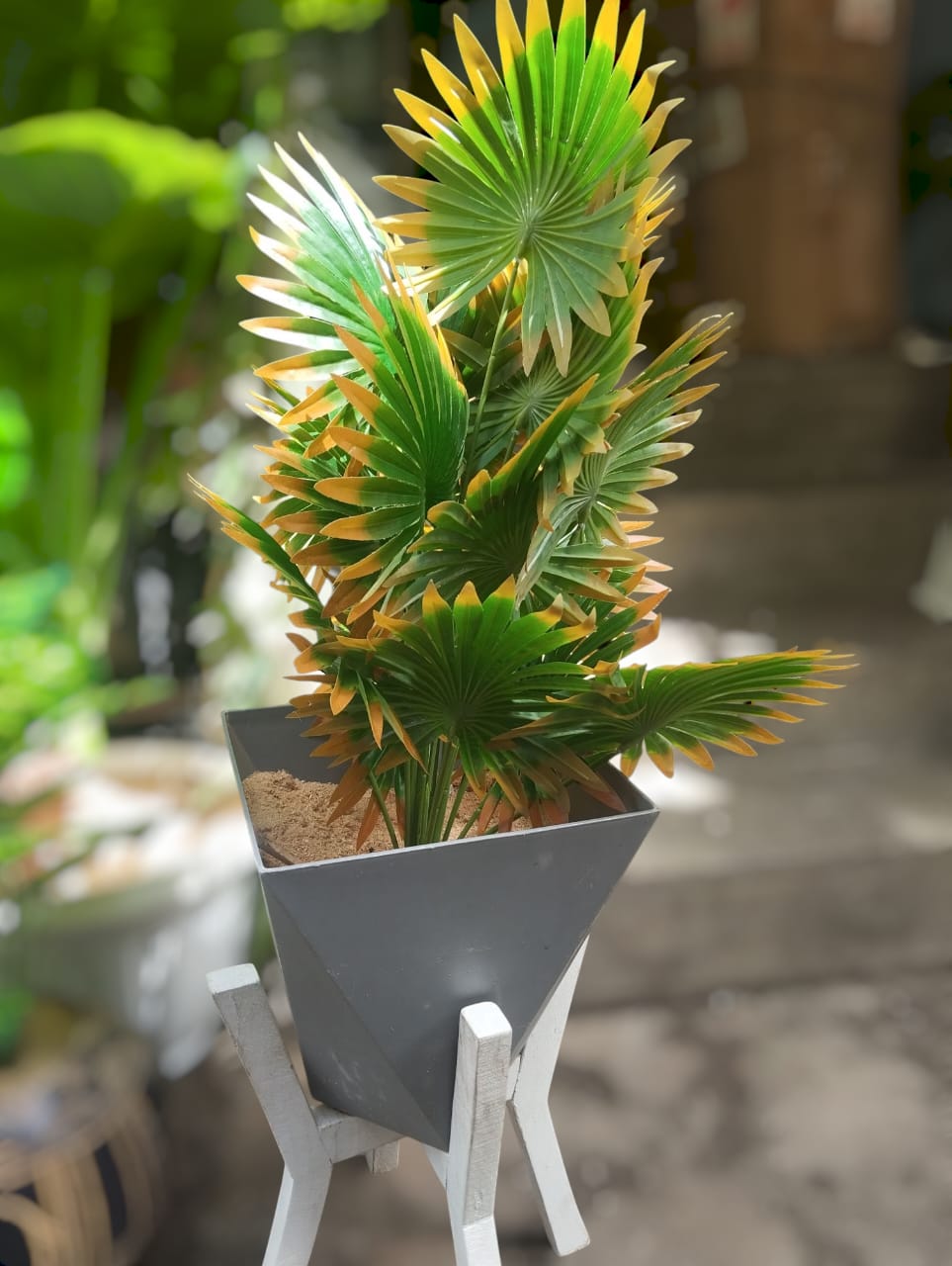 Artificial Green  Plant With Gray vase /Planter For Home Decor (Comes with 1kg white Pebbles and NO SAWDUST, WHITE STAND NOT INCLUDED)