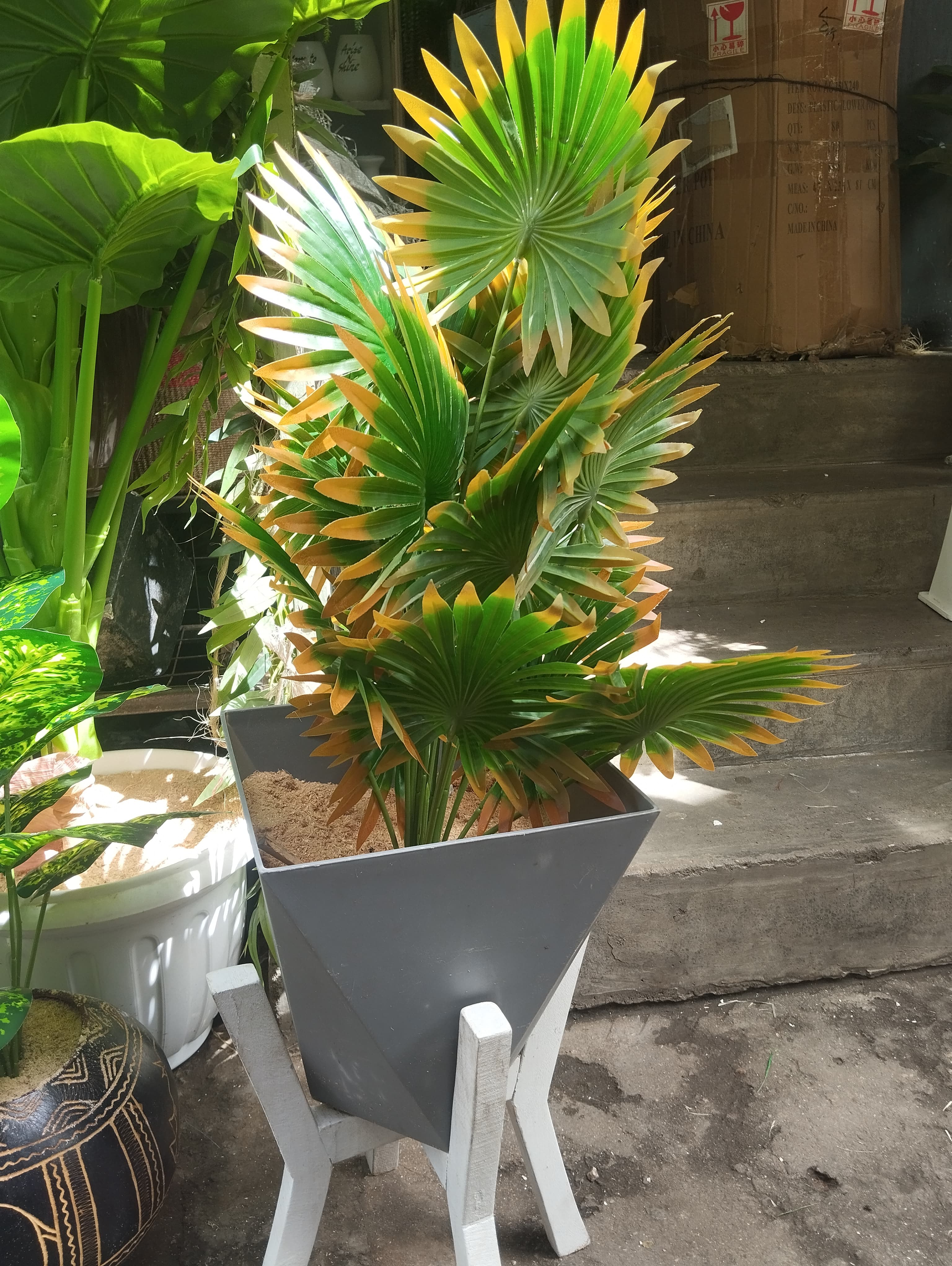 Artificial Green  Plant With Gray vase /Planter For Home Decor (Comes with 1kg white Pebbles and NO SAWDUST, WHITE STAND NOT INCLUDED)