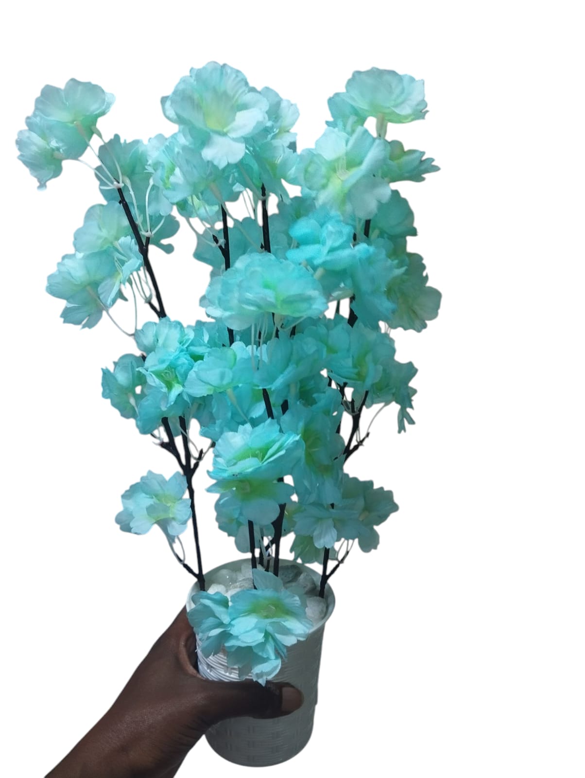Artificial Cherry Blossom flower Potted Plant with White Modern Square Pot/ Planter covered with white pebbles