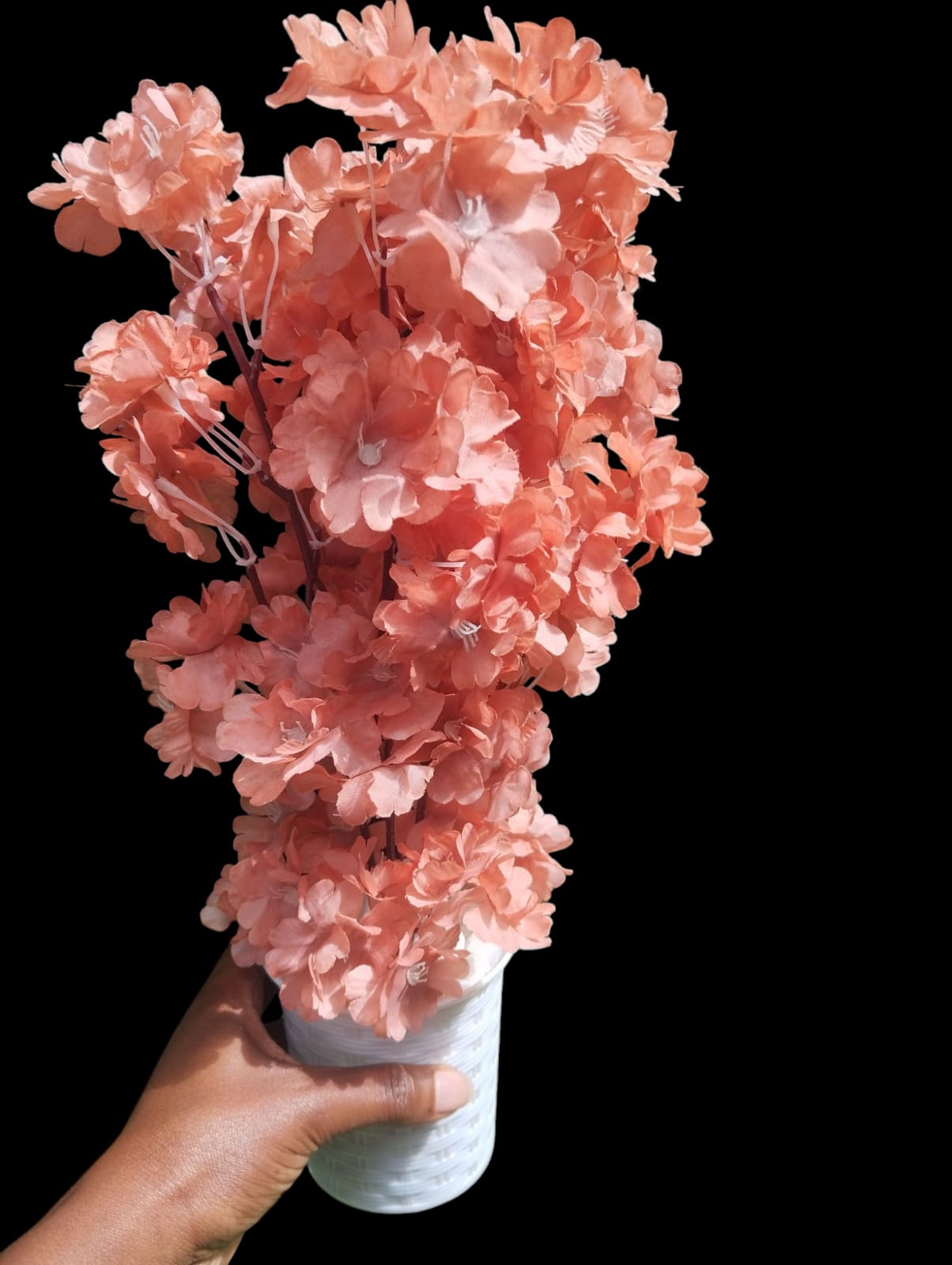 Artificial Cherry Blossom flower Potted Plant with White Modern Square Pot/ Planter covered with white pebbles