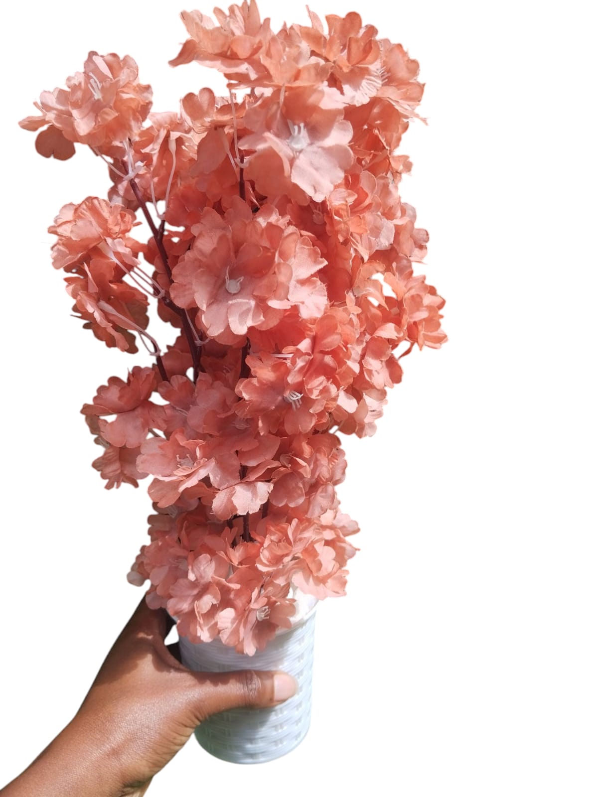 Artificial Cherry Blossom flower Potted Plant with White Modern Square Pot/ Planter covered with white pebbles