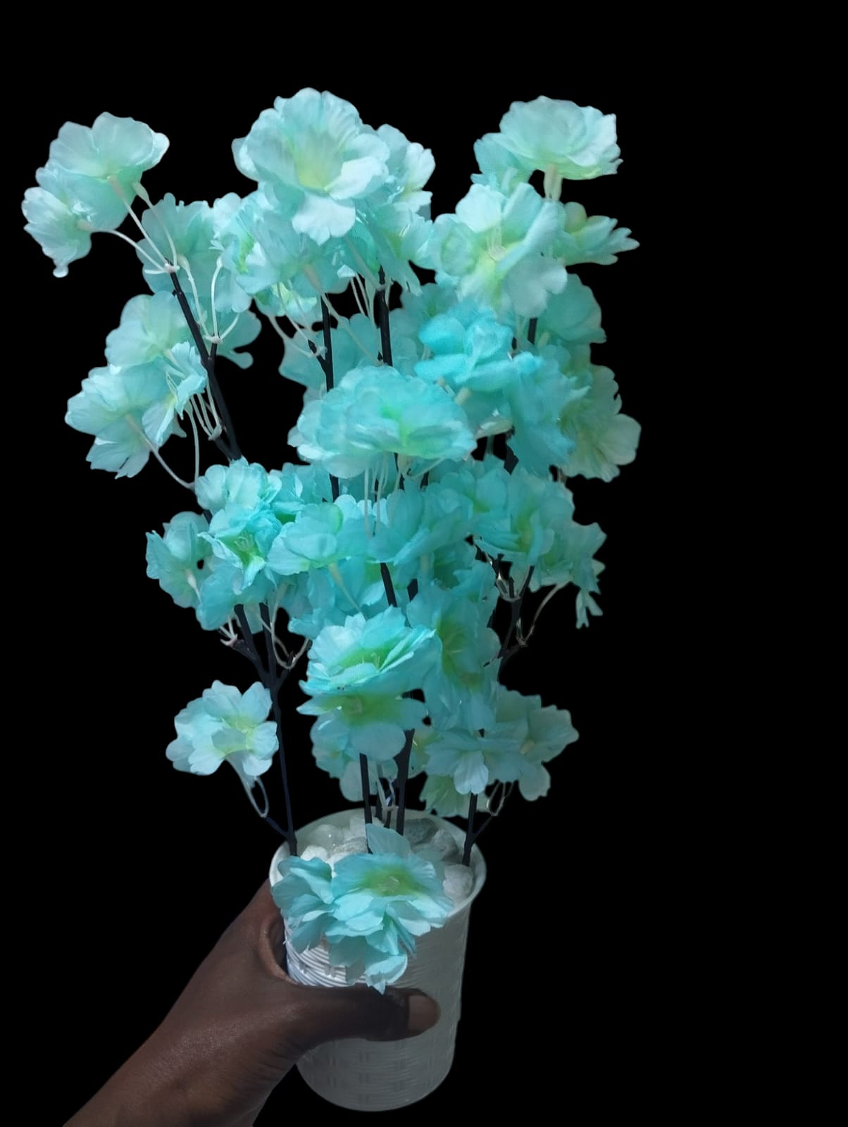 Artificial Cherry Blossom flower Potted Plant with White Modern Square Pot/ Planter covered with white pebbles