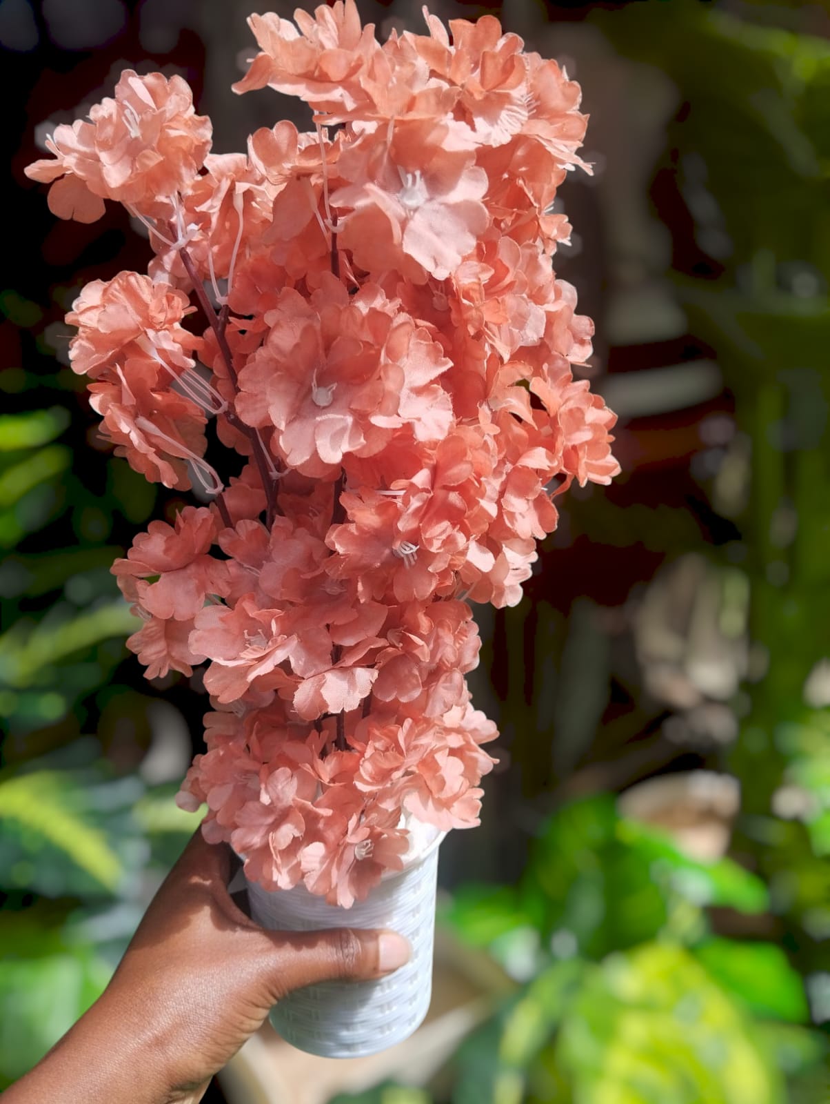 Artificial Cherry Blossom flower Potted Plant with White Modern Square Pot/ Planter covered with white pebbles
