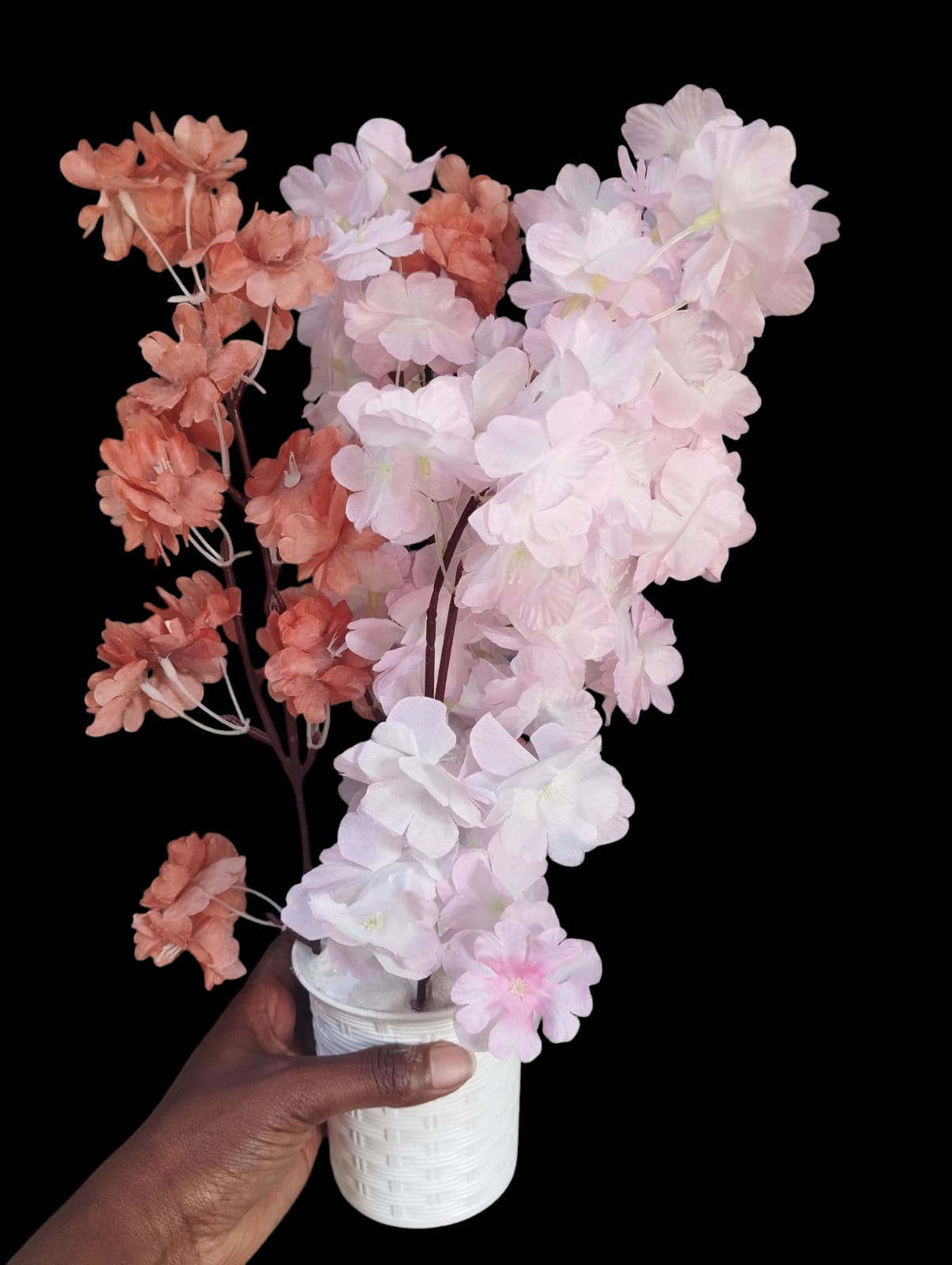 Artificial Cherry Blossom flower Potted Plant with White Modern Square Pot/ Planter covered with white pebbles