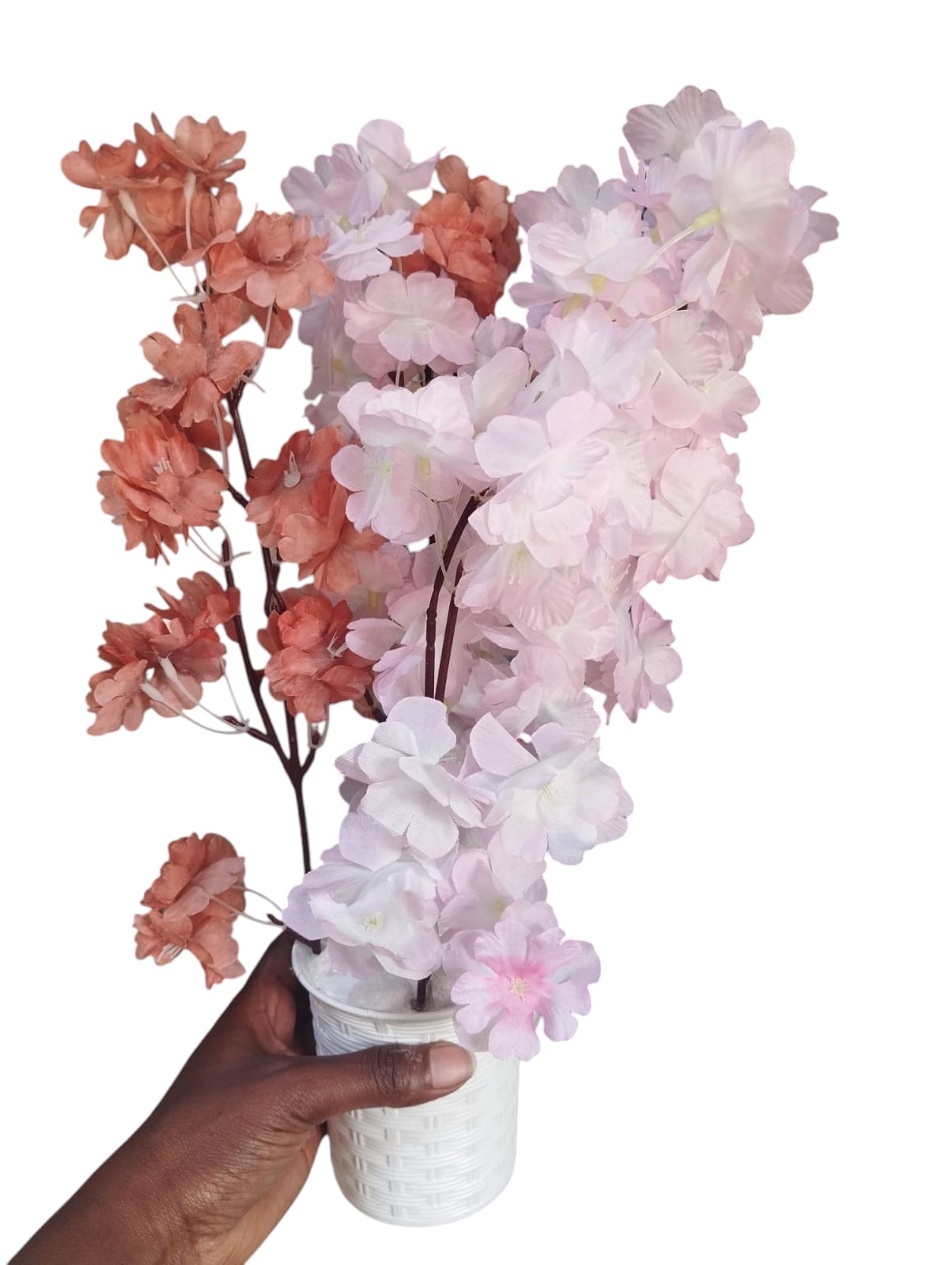 Artificial Cherry Blossom flower Potted Plant with White Modern Square Pot/ Planter covered with white pebbles