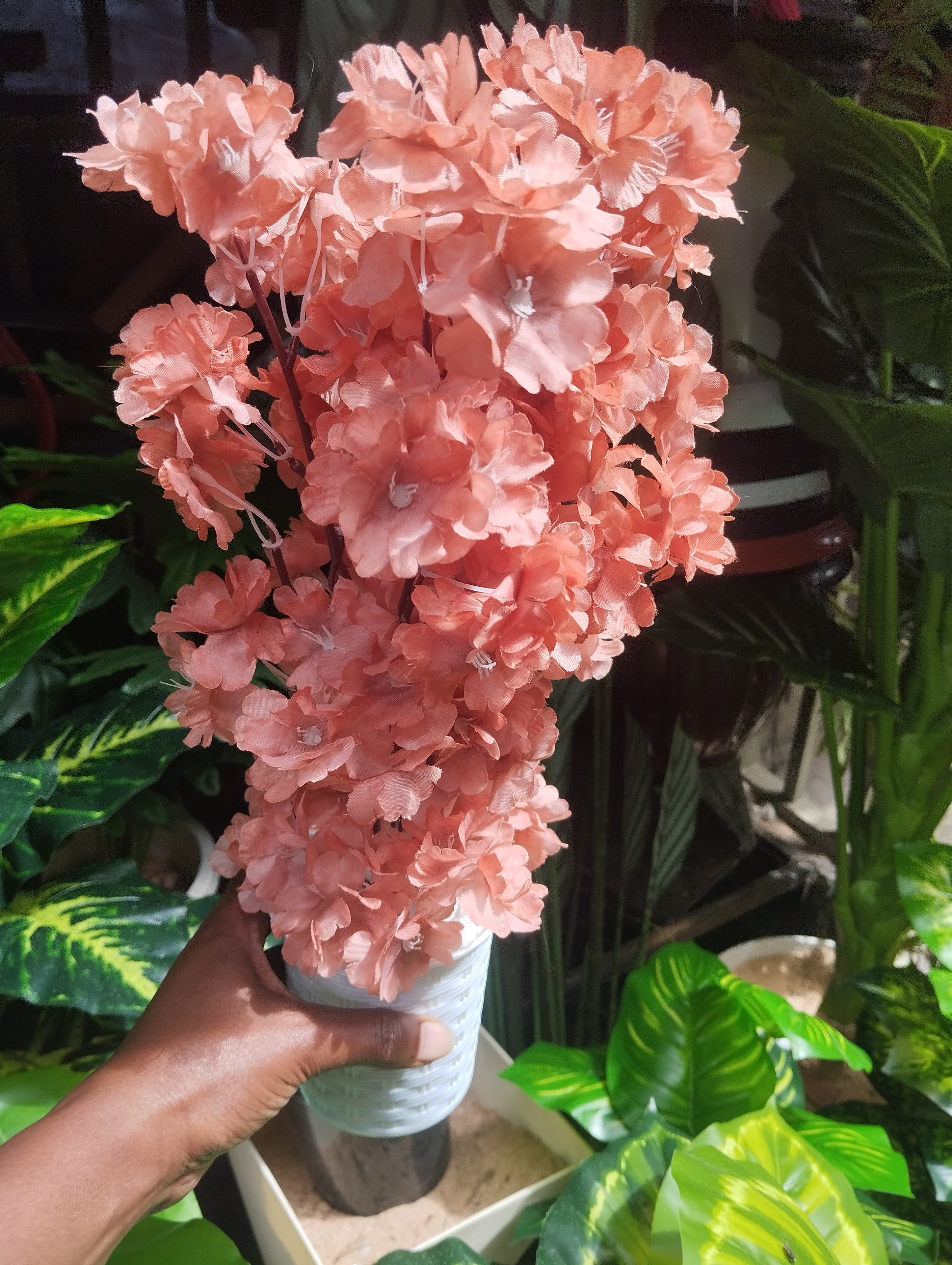 Artificial Cherry Blossom flower Potted Plant with White Modern Square Pot/ Planter covered with white pebbles