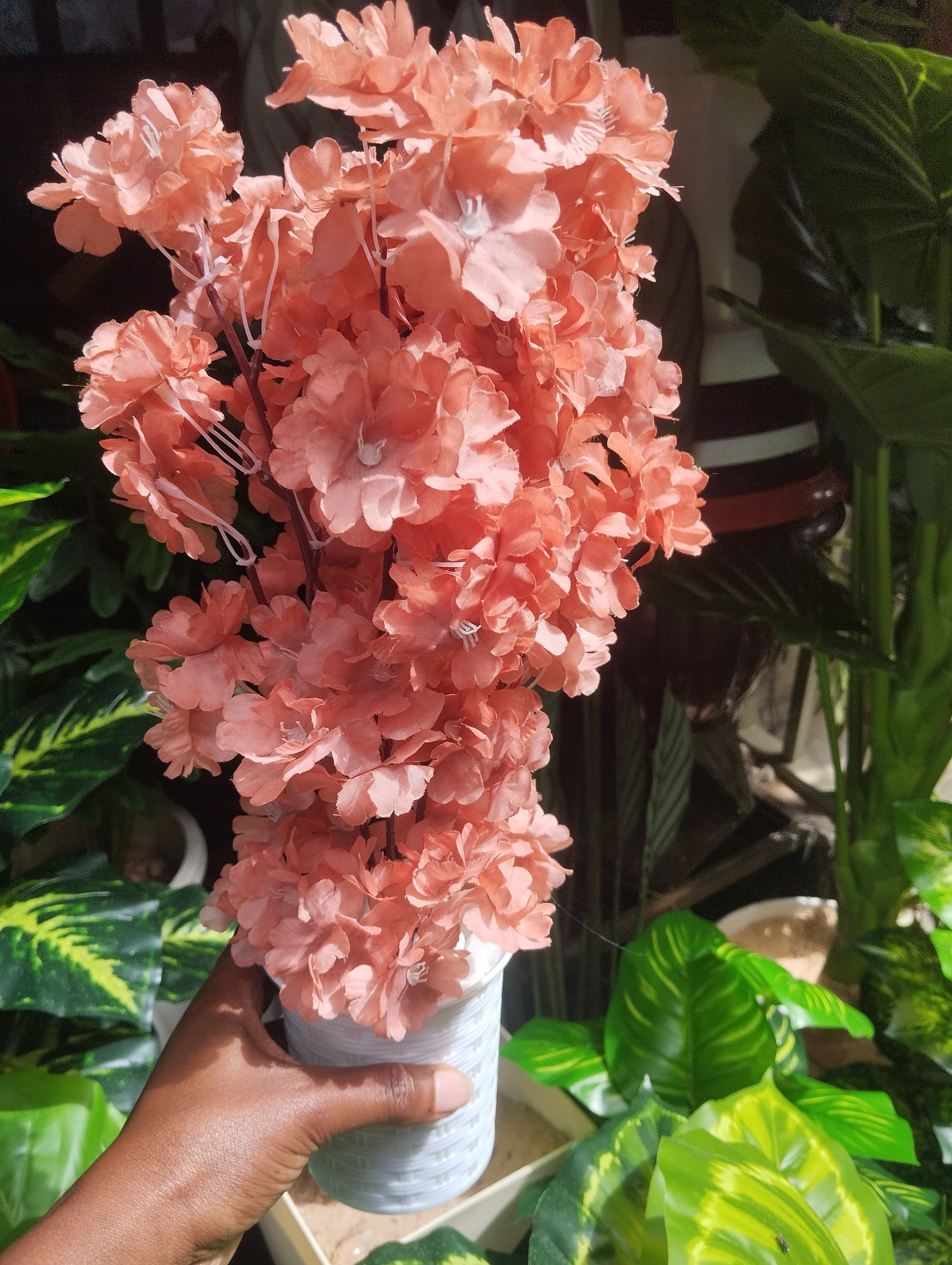 Artificial Cherry Blossom flower Potted Plant with White Modern Square Pot/ Planter covered with white pebbles