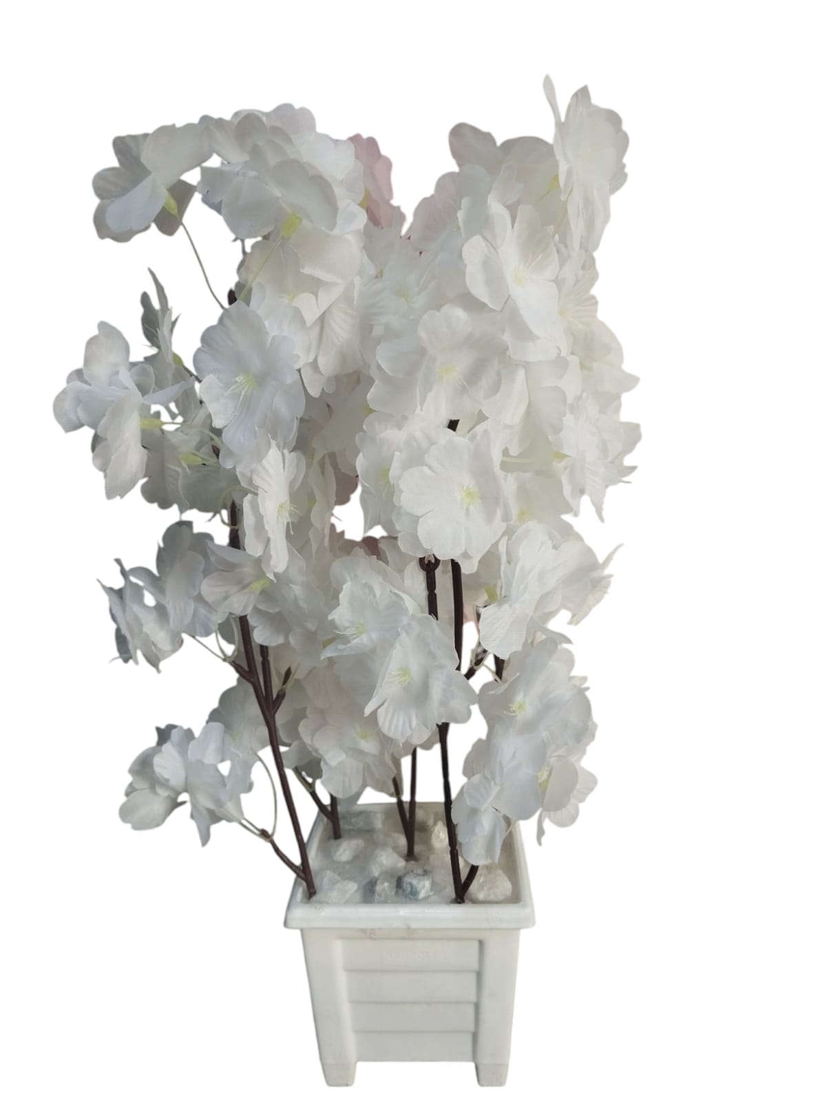 Artificial Cherry Blossom flower Potted Plant with White Modern Square Pot/ Planter covered with white pebbles
