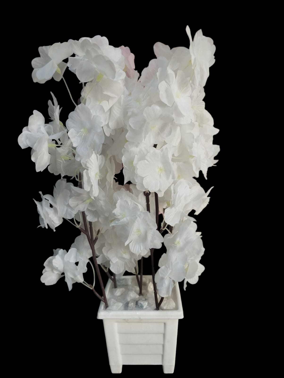Artificial Cherry Blossom flower Potted Plant with White Modern Square Pot/ Planter covered with white pebbles
