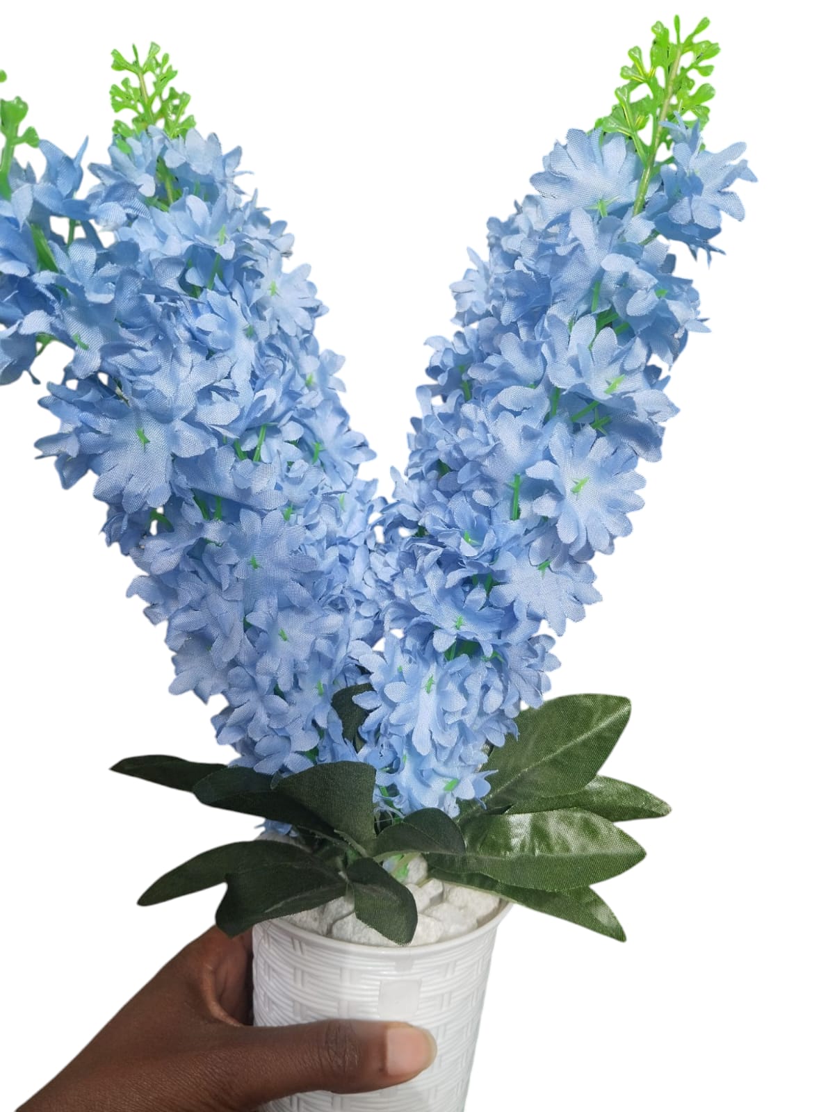 Artificial Flower Potted Plant with White Modern Round Pot/ Planter covered with white pebbles