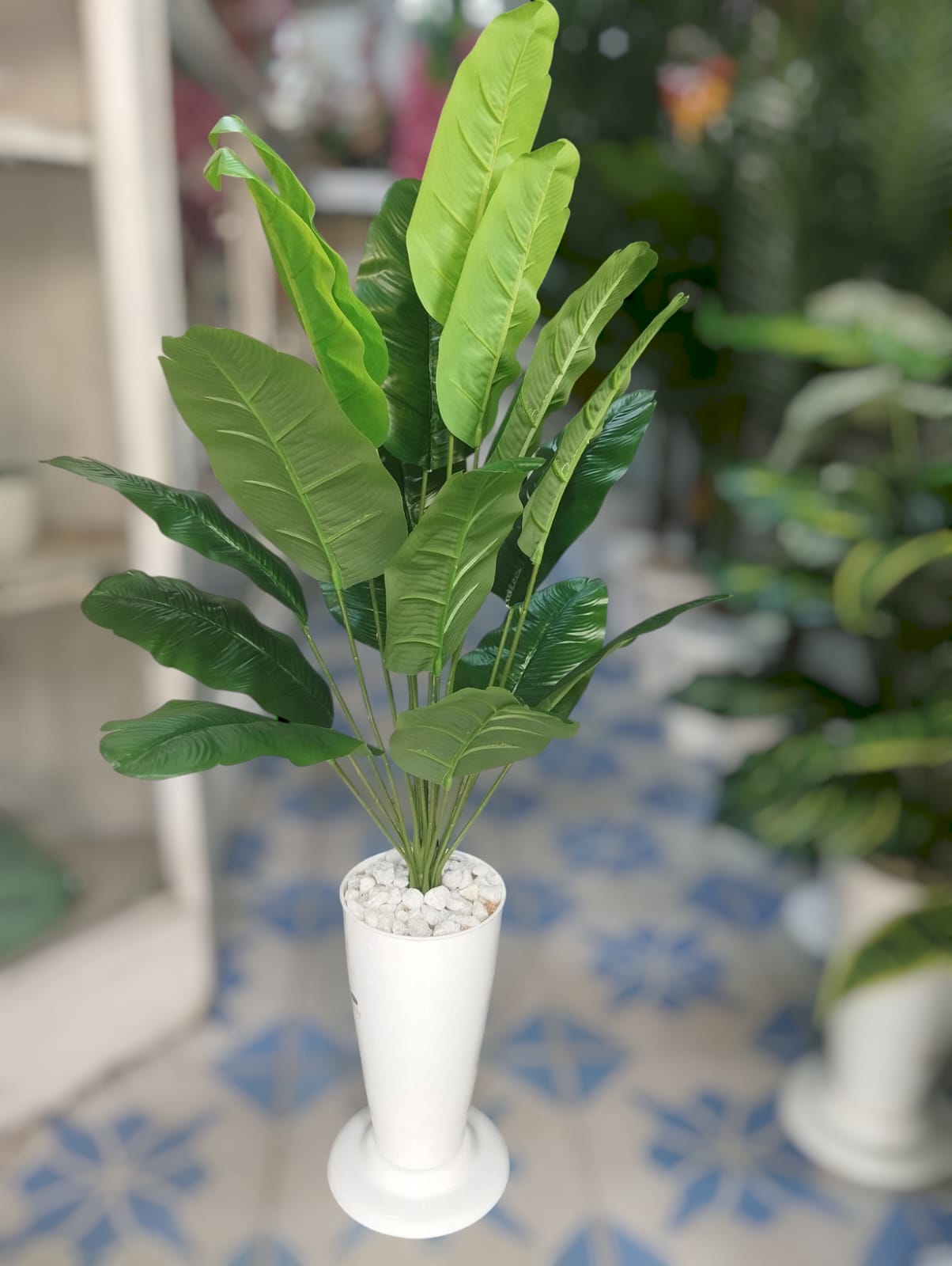 Artificial Green Banana Plant with 18 Leaves  in a White  Plastic Vase/ Planter For Home Decor (COMES ASSEMBLED AS SHOWN ON THE PICTURE)
