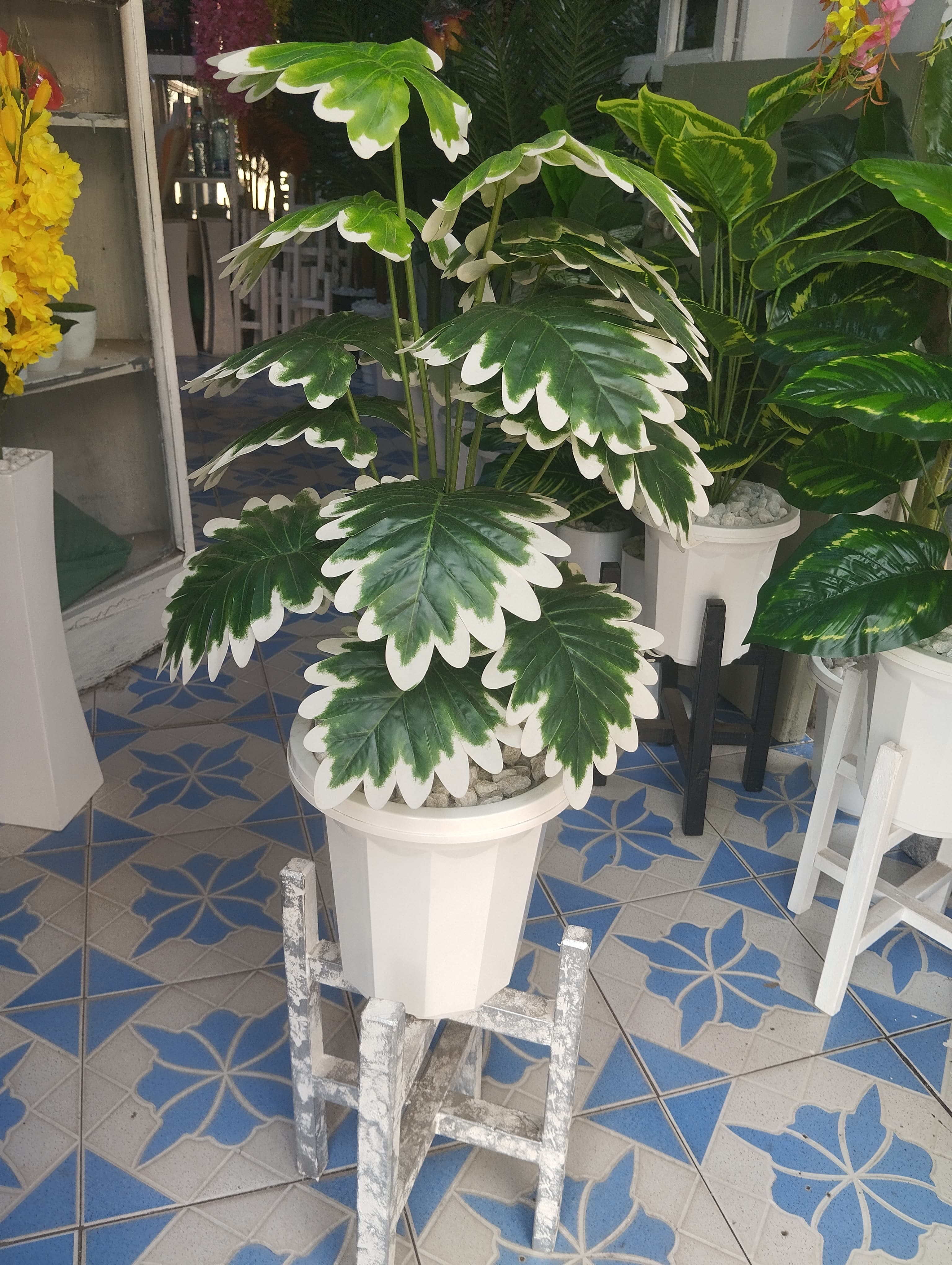 Artificial Green Plant in a White Plastic Vase/ Planter For Home Decor (COMES ASSEMBLED AS SHOWN ON THE PICTURE)
