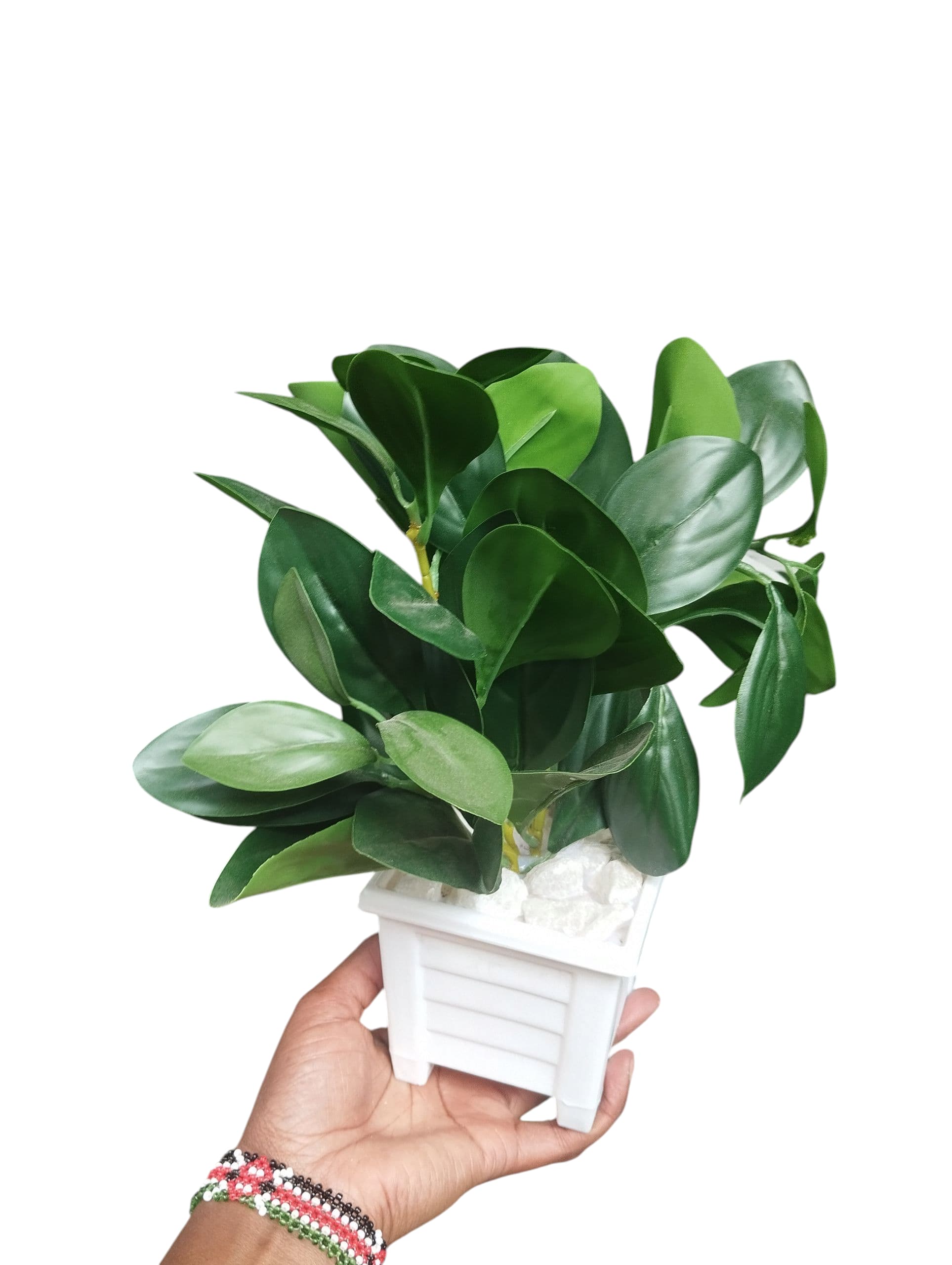 Artificial Green Potted Plant with White Modern square Pot/ Planter covered with white pebbles