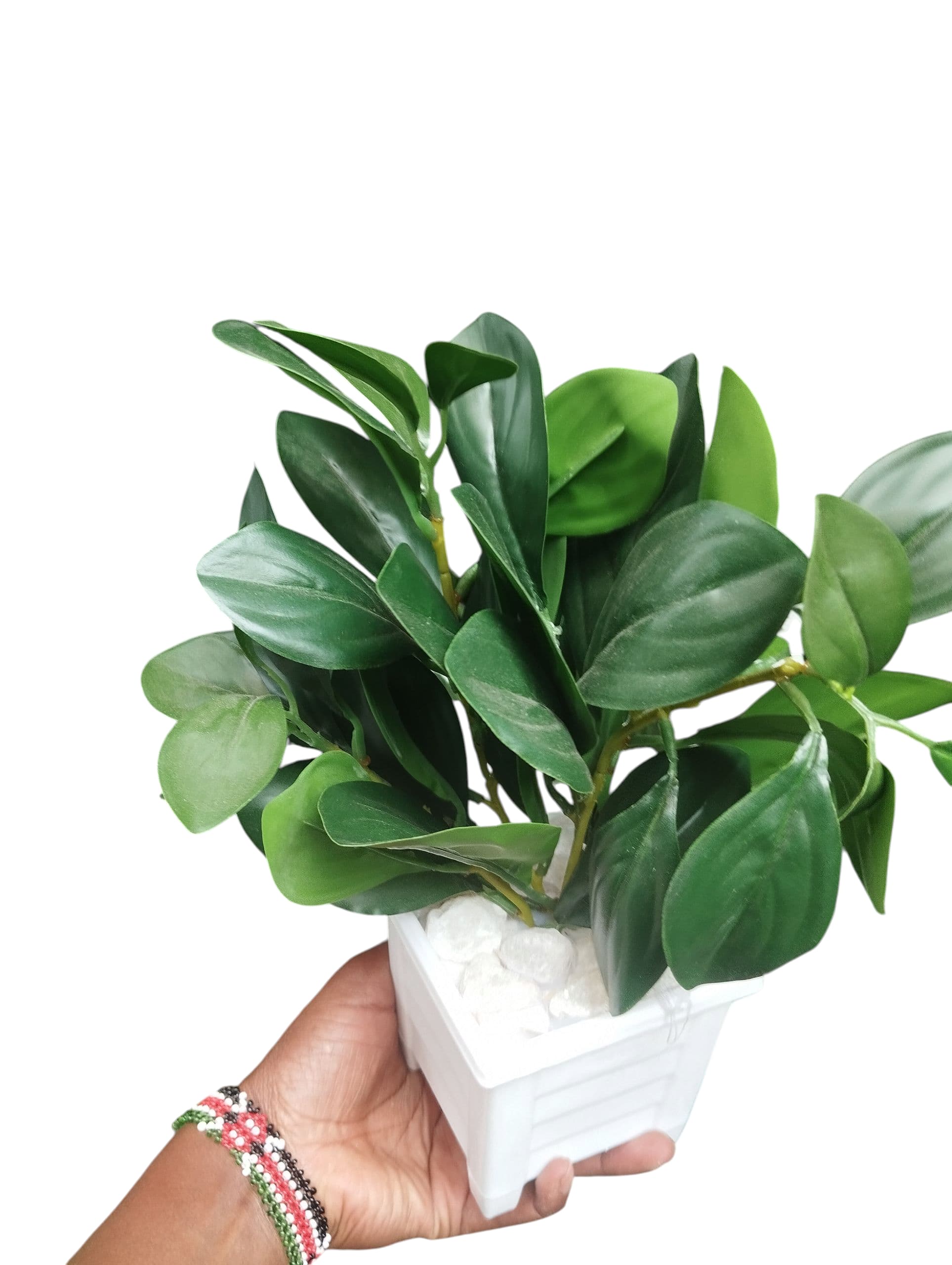 Artificial Green Potted Plant with White Modern square Pot/ Planter covered with white pebbles