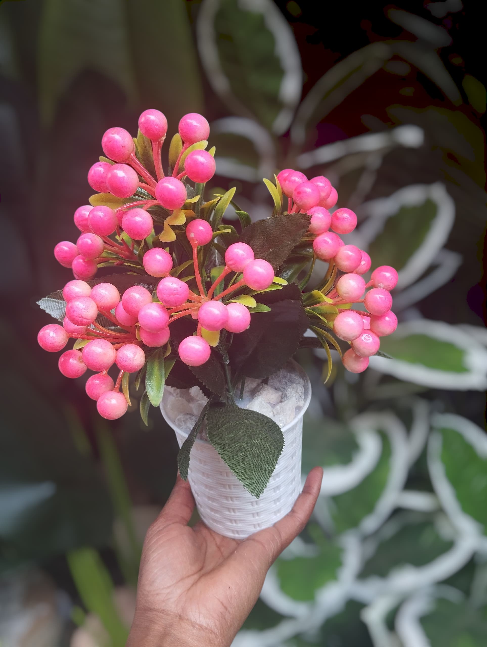 Artificial Fruit Flower Plant on a  Modern White Vase/ Pot/ Planter covered with white pebbles