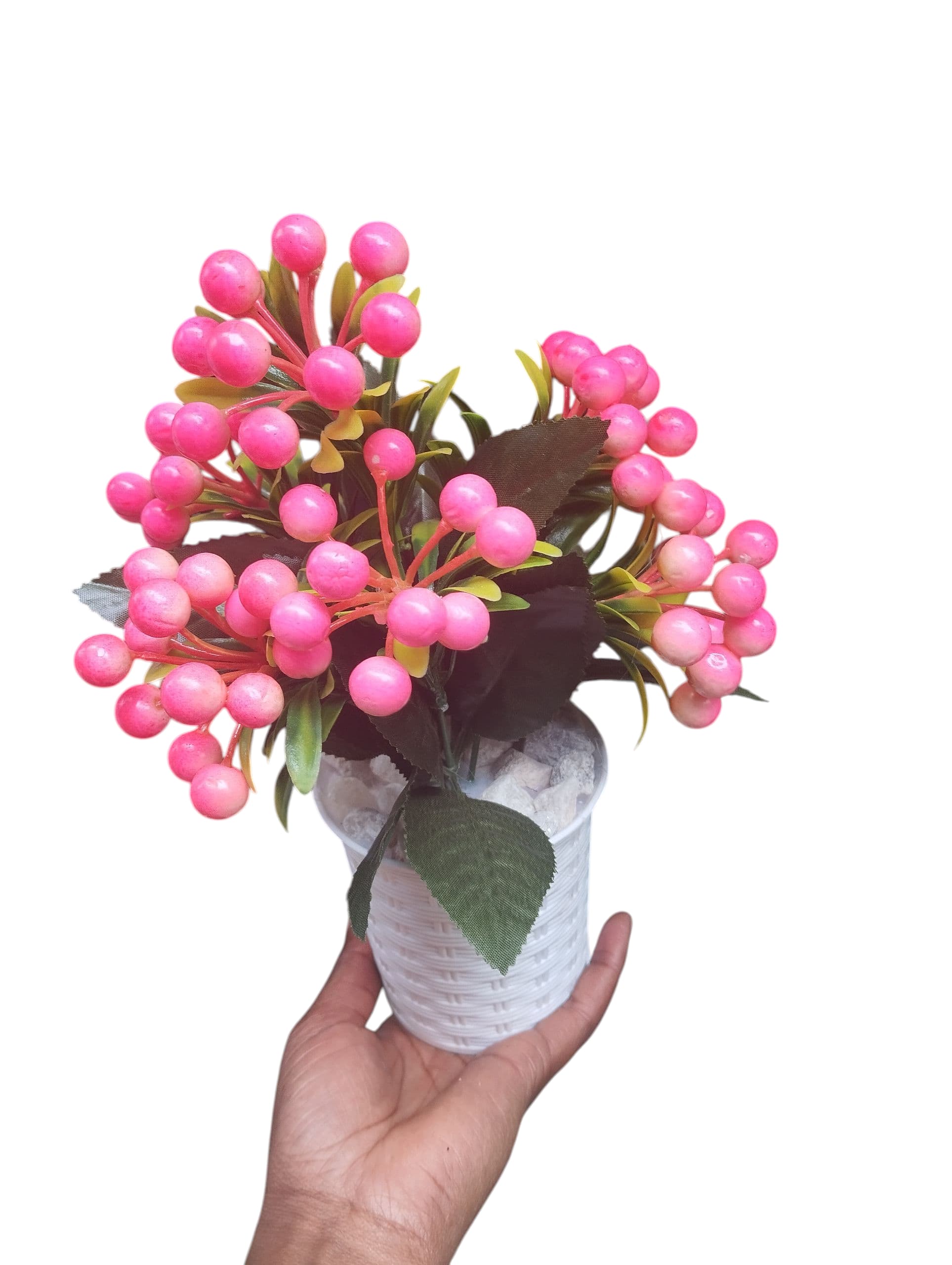 Artificial Fruit Flower Plant on a  Modern White Vase/ Pot/ Planter covered with white pebbles