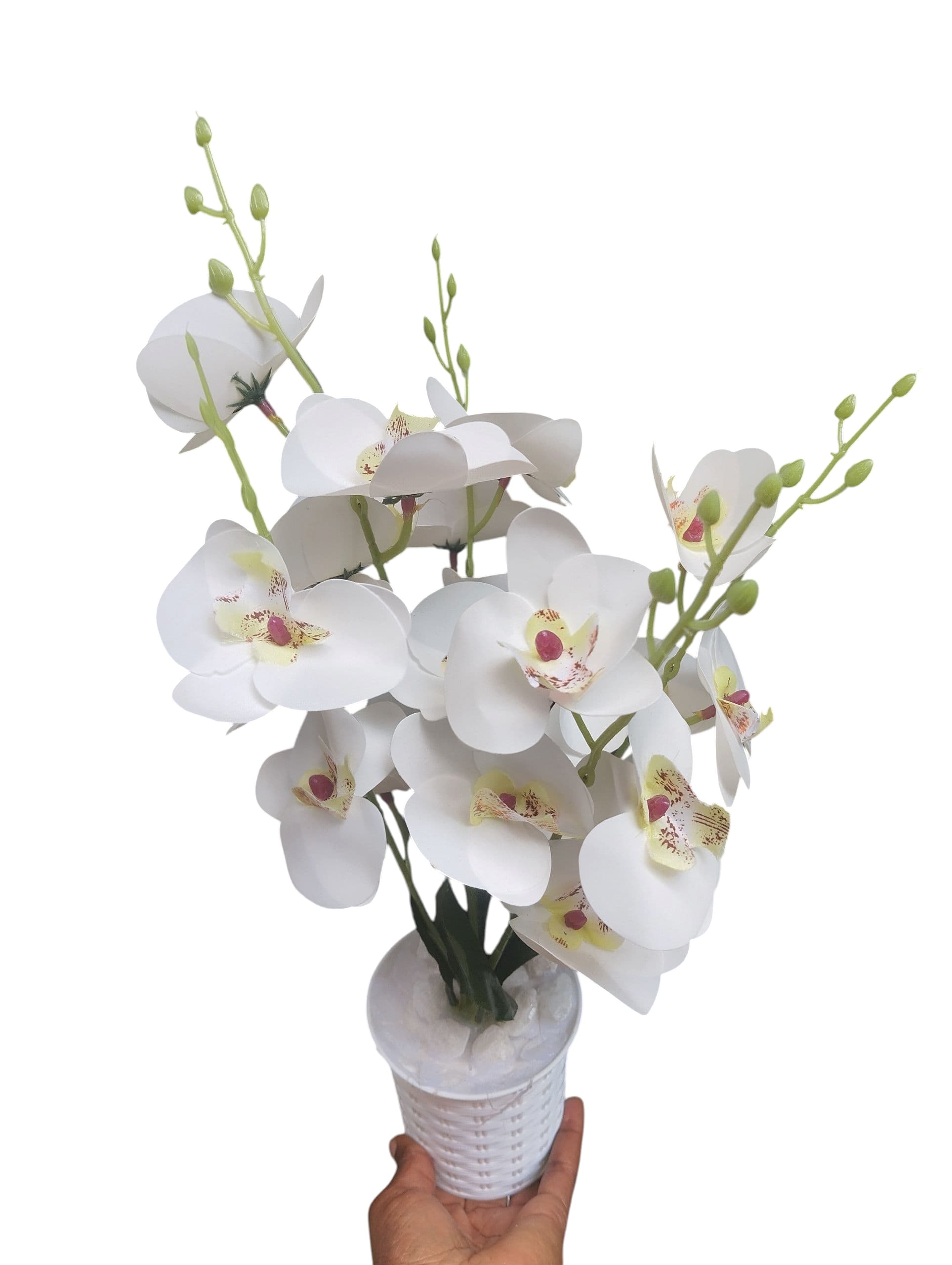 Artificial Orchid Flower Plant on a  Modern White  Vase/ Pot/ Planter covered with white pebbles