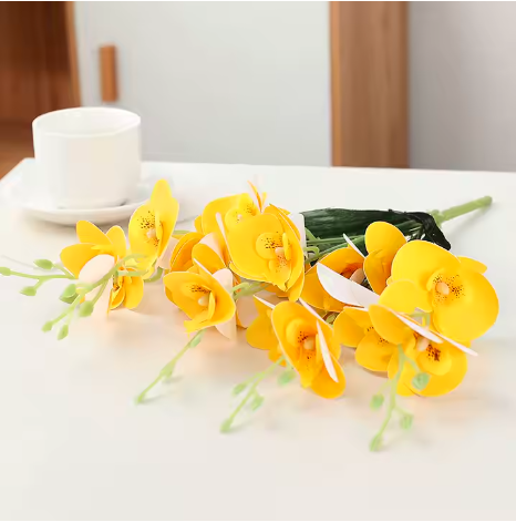 Artificial Orchid Flower Plant on a  Modern White  Vase/ Pot/ Planter covered with white pebbles