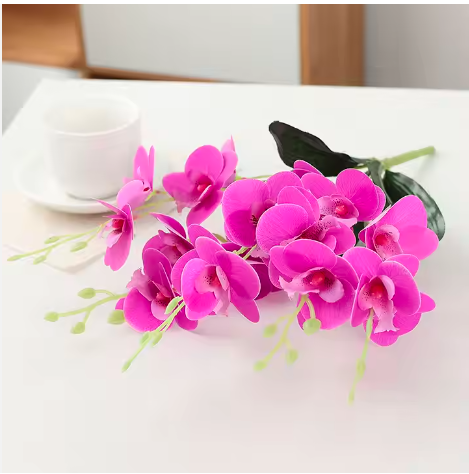 Artificial Orchid Flower Plant on a  Modern White  Vase/ Pot/ Planter covered with white pebbles