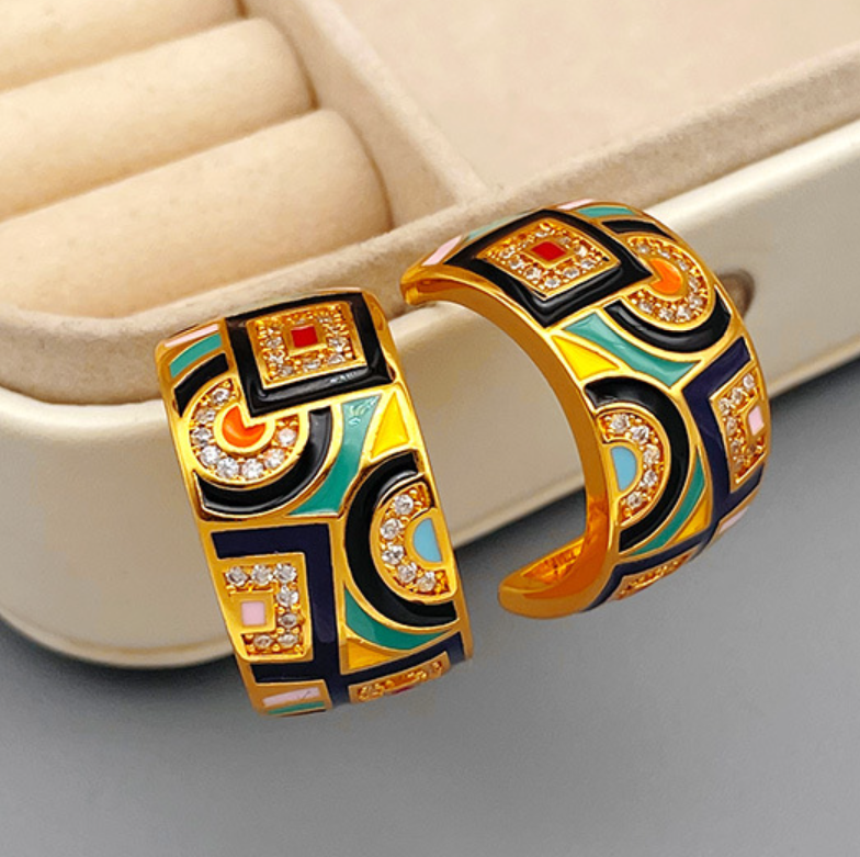 Original zircon enamel vintage earrings  high-end luxurious niche and personalized ear accessories Ear studs made of brass plated with gold and 925 silver