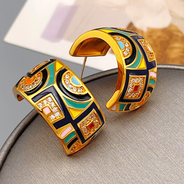 Original zircon enamel vintage earrings  high-end luxurious niche and personalized ear accessories Ear studs made of brass plated with gold and 925 silver