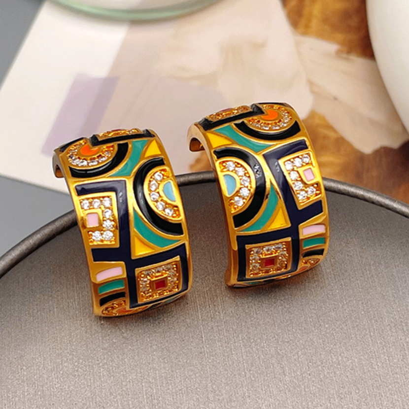 Original zircon enamel vintage earrings  high-end luxurious niche and personalized ear accessories Ear studs made of brass plated with gold and 925 silver