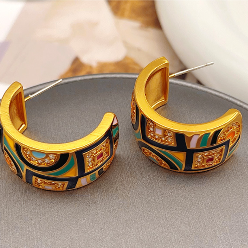 Original zircon enamel vintage earrings  high-end luxurious niche and personalized ear accessories Ear studs made of brass plated with gold and 925 silver