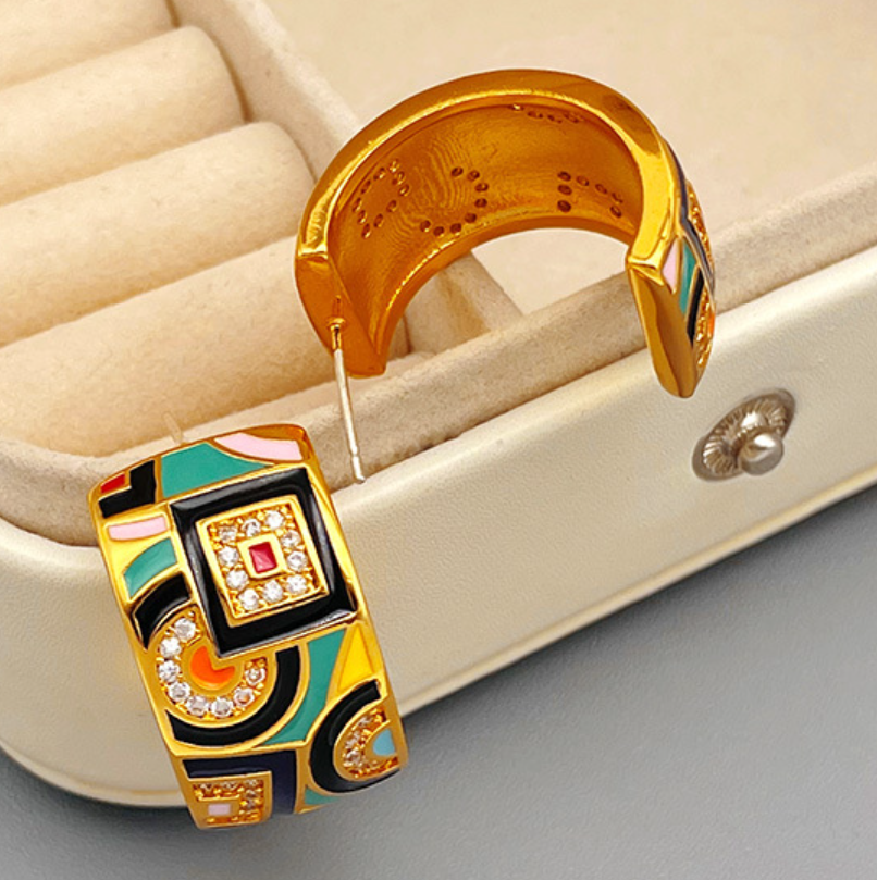 Original zircon enamel vintage earrings  high-end luxurious niche and personalized ear accessories Ear studs made of brass plated with gold and 925 silver