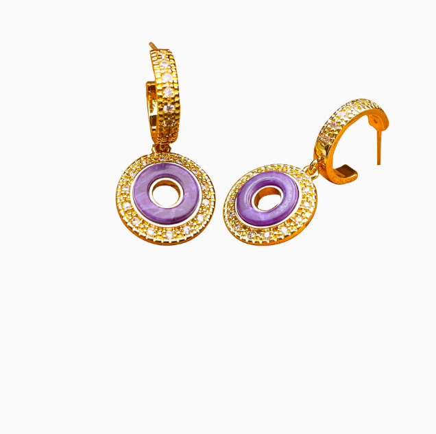 Vintage Geometric Hoop Earrings with Micro-Paved Amethyst & Zircon 925 Sterling Silver Post Niche Light Luxury High-End Ear Studs