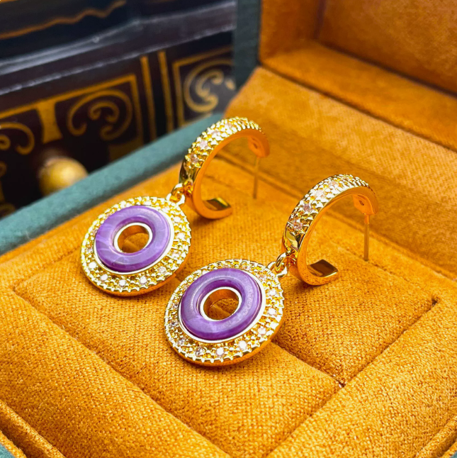 Vintage Geometric Hoop Earrings with Micro-Paved Amethyst & Zircon 925 Sterling Silver Post Niche Light Luxury High-End Ear Studs