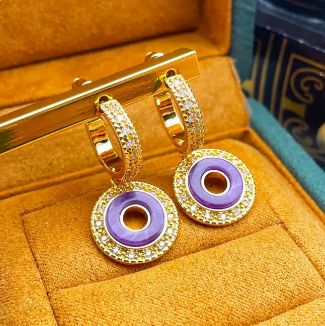 Vintage Geometric Hoop Earrings with Micro-Paved Amethyst & Zircon 925 Sterling Silver Post Niche Light Luxury High-End Ear Studs