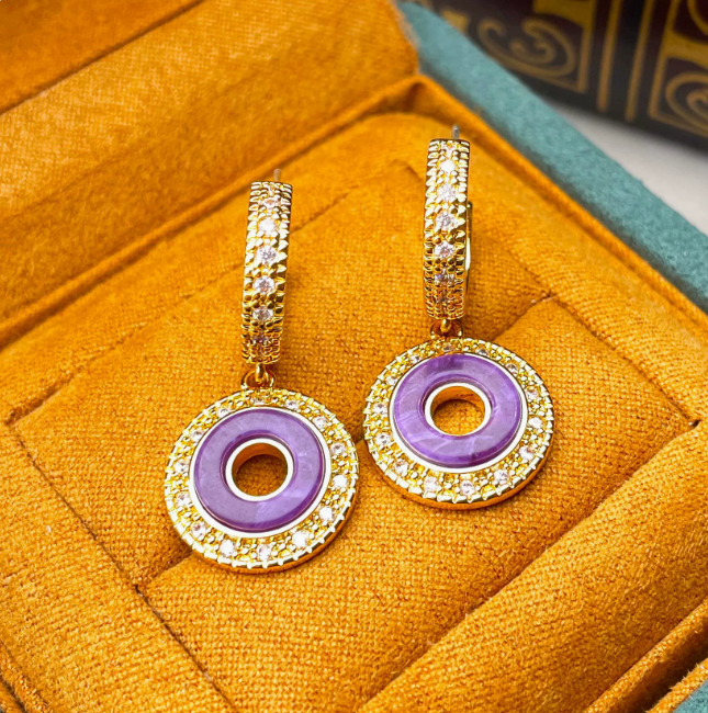 Vintage Geometric Hoop Earrings with Micro-Paved Amethyst & Zircon 925 Sterling Silver Post Niche Light Luxury High-End Ear Studs