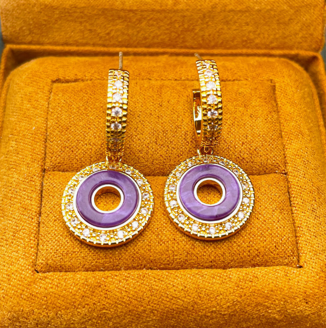 Vintage Geometric Hoop Earrings with Micro-Paved Amethyst & Zircon 925 Sterling Silver Post Niche Light Luxury High-End Ear Studs