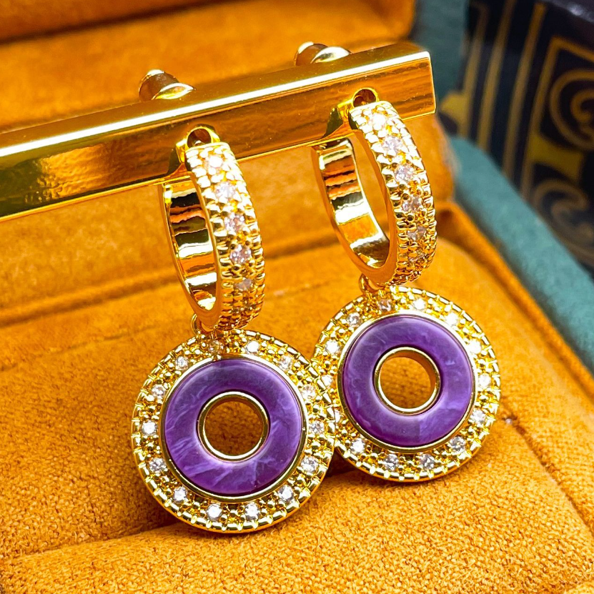 Vintage Geometric Hoop Earrings with Micro-Paved Amethyst & Zircon 925 Sterling Silver Post Niche Light Luxury High-End Ear Studs