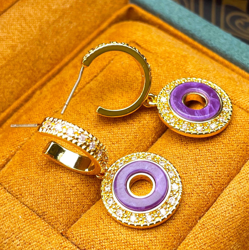 Vintage Geometric Hoop Earrings with Micro-Paved Amethyst & Zircon 925 Sterling Silver Post Niche Light Luxury High-End Ear Studs