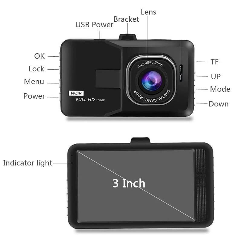 3 Inch Ful HD 1080P Driving Recorder Car DVR Night Camera Loop Recording Parking Monitoring Dashcam Video Registrar
