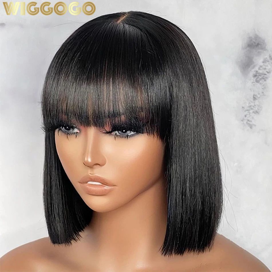 3X1 Middle Part Lace Wig Bob Wigs Full Machine Made Bone Straight Human Hair Wigs With Bangs Short Bob Human Hair Wigs