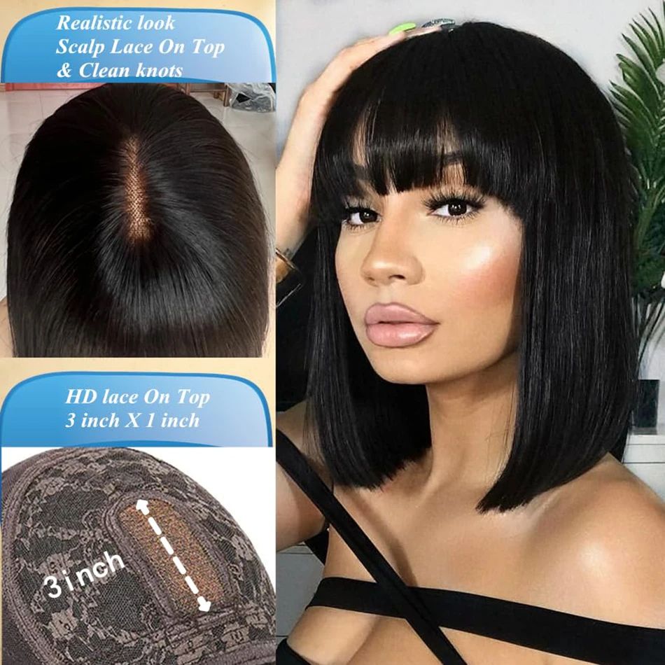 3X1 Middle Part Lace Wig Bob Wigs Full Machine Made Bone Straight Human Hair Wigs With Bangs Short Bob Human Hair Wigs