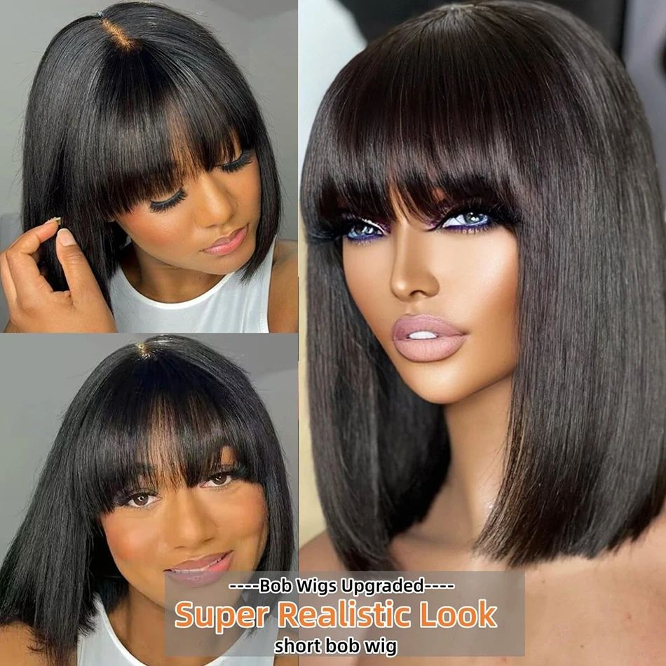 3X1 Middle Part Lace Wig Bob Wigs Full Machine Made Bone Straight Human Hair Wigs With Bangs Short Bob Human Hair Wigs