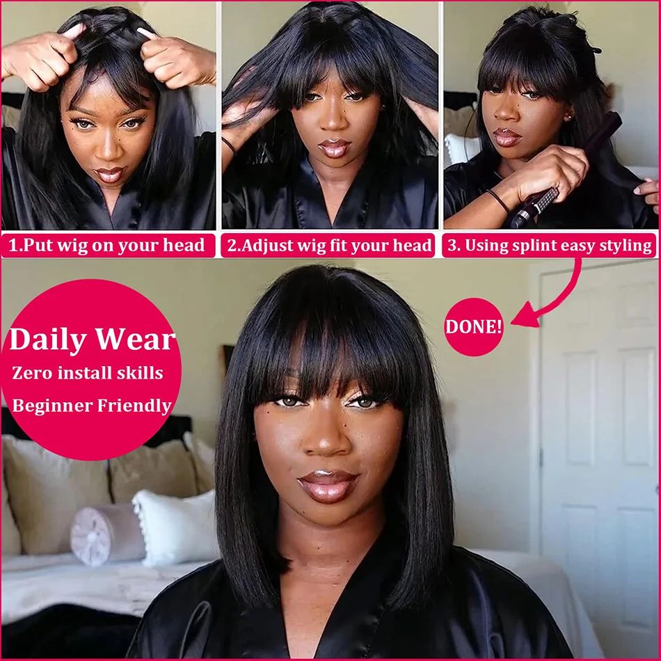 3X1 Middle Part Lace Wig Bob Wigs Full Machine Made Bone Straight Human Hair Wigs With Bangs Short Bob Human Hair Wigs
