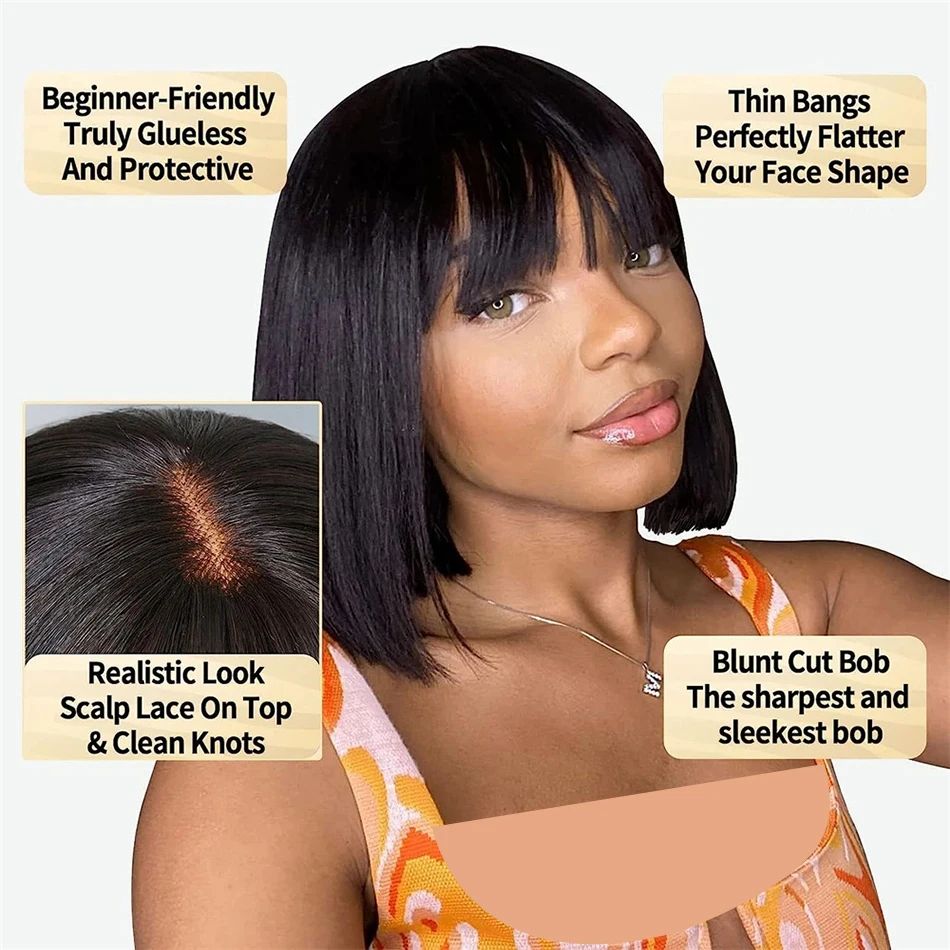 3X1 Middle Part Lace Wig Bob Wigs Full Machine Made Bone Straight Human Hair Wigs With Bangs Short Bob Human Hair Wigs