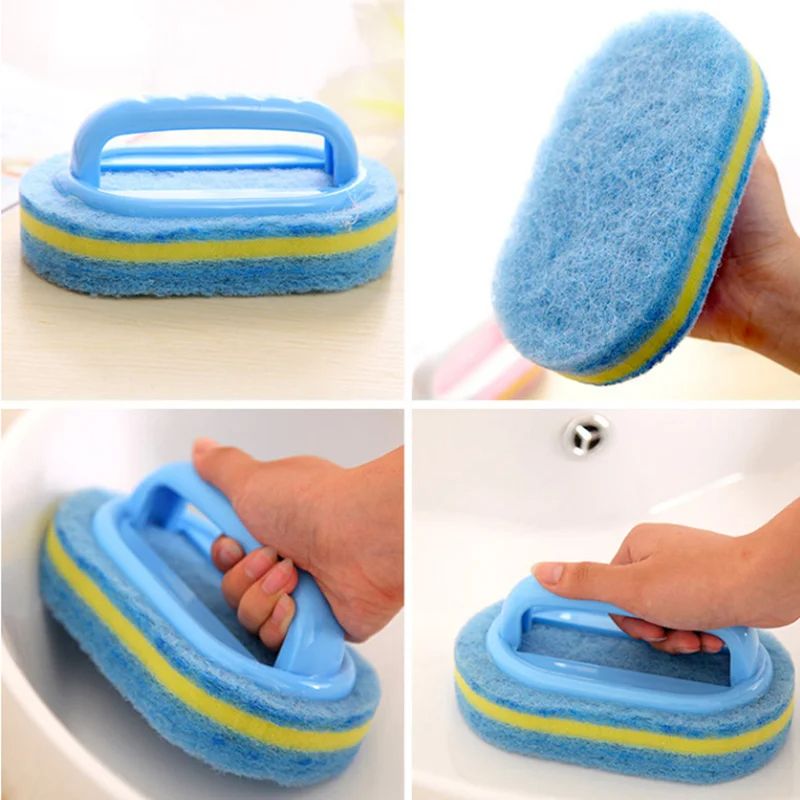 Kitchen Sponge Wipe with Handle Cleaning Brush Bathroom Tile Glass Cleaning Sponge Thickening Stain Removal Clean Brush