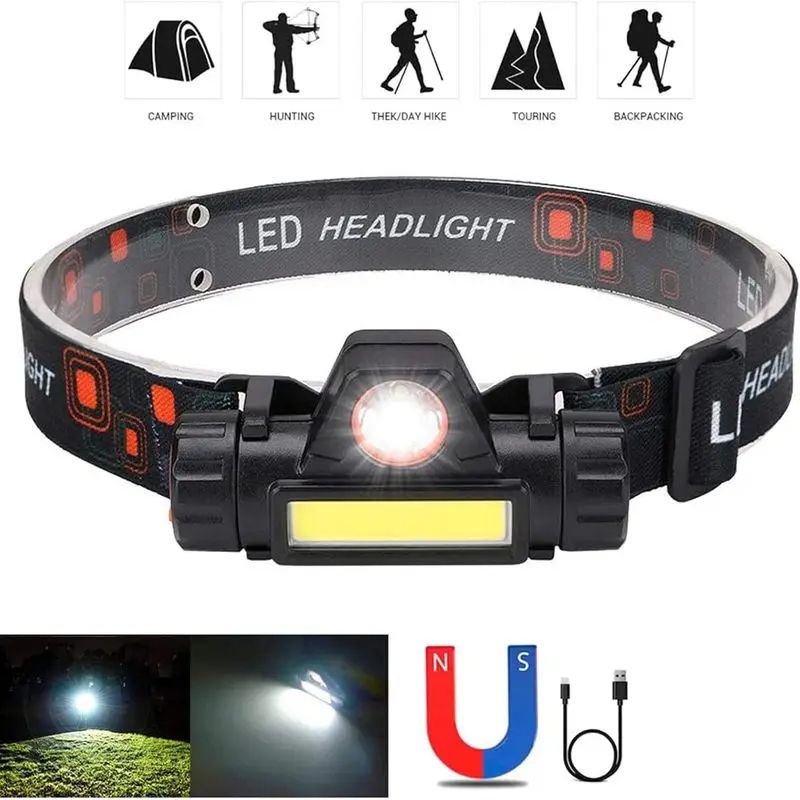 Rechargeable head light. USB, waterproof LED. Rotation adjustable. For camping, fishing, garage work. Headlight & flashlight
