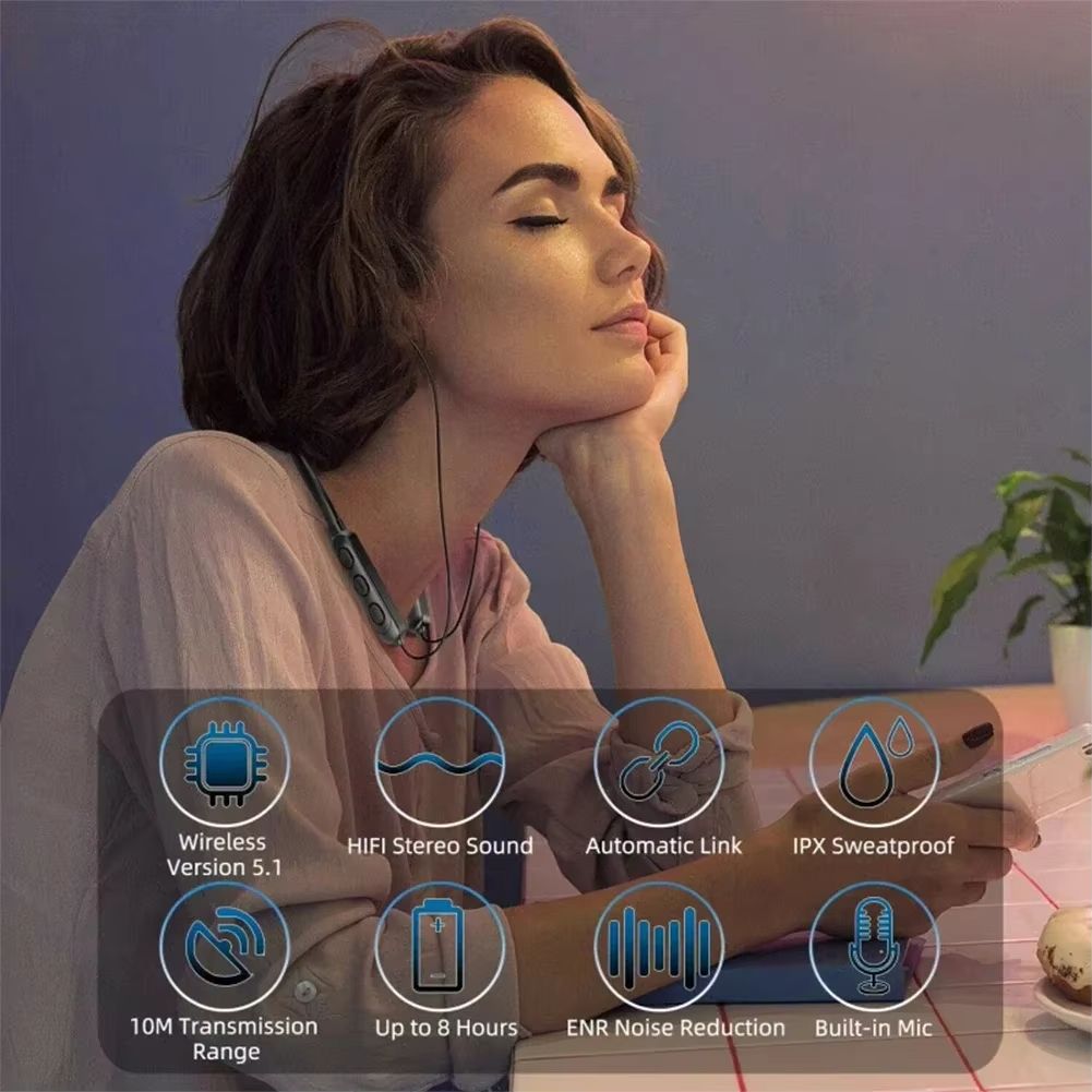 Wireless Bluetooth-compatible 5.1 Earphone Stereo Neckband Sports Headphone for Phone Tablet Headset with Built-in Microphone