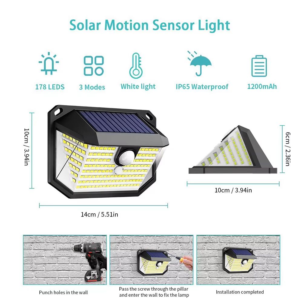 178 LED Wall Light Outdoor Solar Lampwith Motion Sensor Rechargeable External Solar Lamp Street Lights for Garden Decoration
