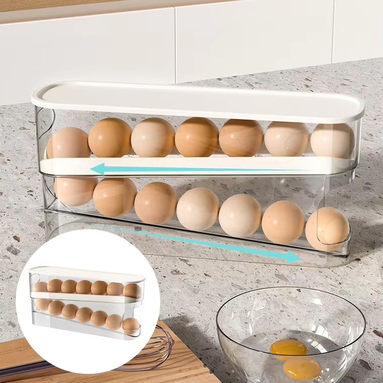 Double Layer Rolling Egg Dispenser Refrigerator Egg Storage Box Automatic Scrolling Egg Holder Household Large Capacity Kitchen
