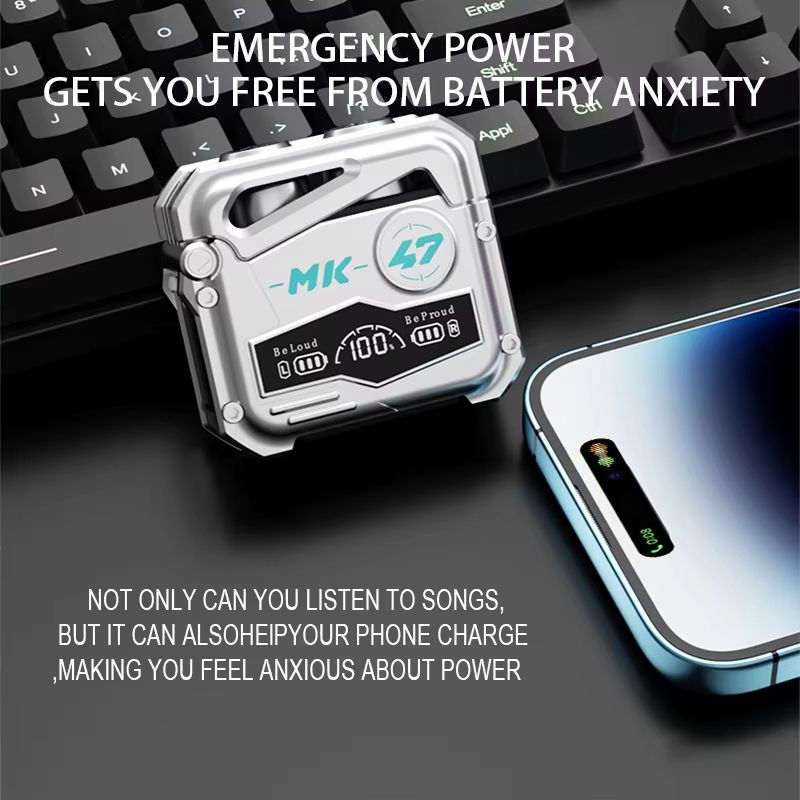 MK47 Mechanical Wireless Bluetooth Earphones Cool Metal Mechanical Display Long Range TWS Esports Gaming Earphones
