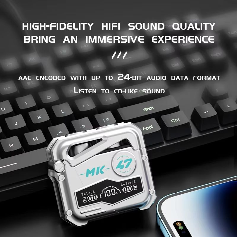 MK47 Mechanical Wireless Bluetooth Earphones Cool Metal Mechanical Display Long Range TWS Esports Gaming Earphones